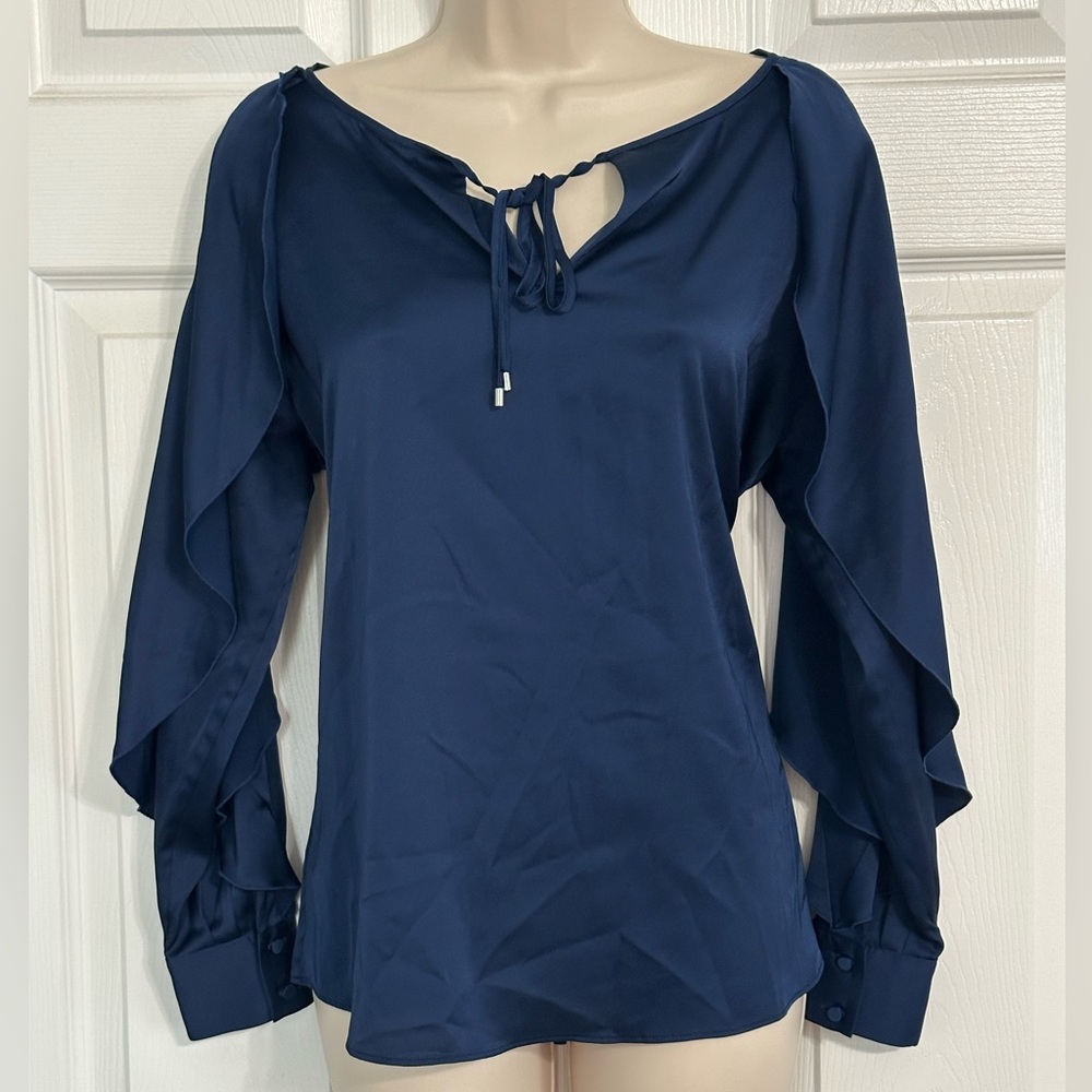 White House Black Market Blue Tie Front Ruffled Blouse